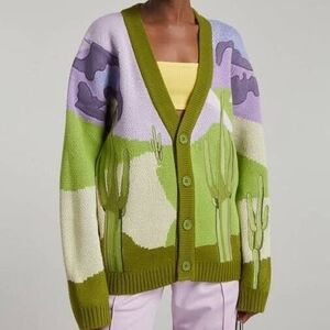 House of Sunny Green and Purple Cactus Cardigan
